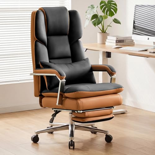 Furniliving Big and Tall Office Chair with Footrest, PU Leather High Back Executive Office Chair with Adjustable Lumbar Support, Wide Seat Reclining Desk Chair with Armrest, Height Adjustment, Black