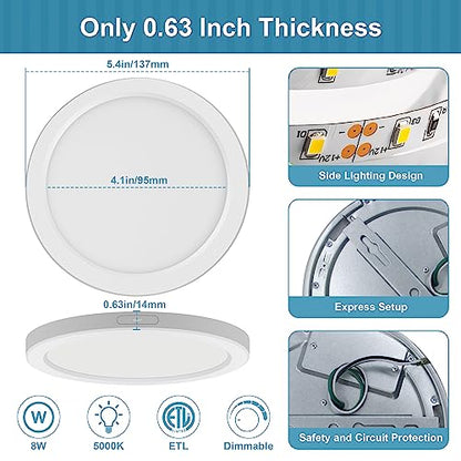 5 inch ETL Certified Flush Mount Ceiling Light Dimmable, 5000K White LED Ceiling Light Ultra Slim 0.63" Thick Round Ceiling Light Fixture for Bedroom, Bathroom,Kitchen,Hallway,Closet, 3 Pack - size: 5 inch-3 Pack