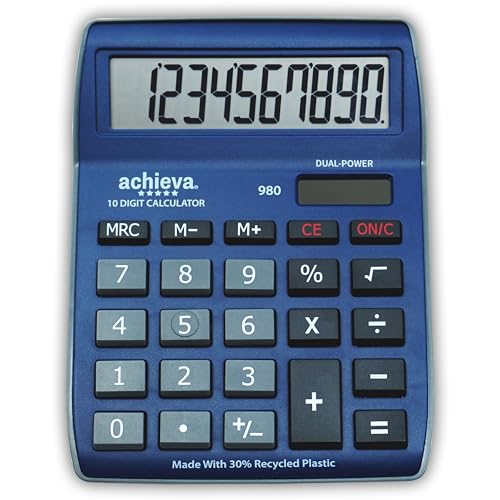 Achieva 10-Digit LCD Display Desktop Calculator | Blue, Gray | Dual Solar & Battery Power | Made with 30% Recycled Plastic | for Home, Office, School (980) - color: Blue/Gray
