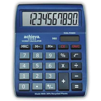 Achieva 10-Digit LCD Display Desktop Calculator | Blue, Gray | Dual Solar & Battery Power | Made with 30% Recycled Plastic | for Home, Office, School (980) - color: Blue/Gray