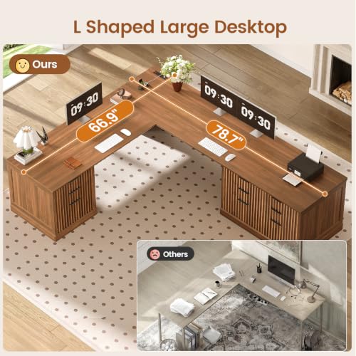 SEDETA Fluted 78.8" L Shaped Desk with 6 Drawers, Fluted Brown - color: Fluted Brown, size: 78.8" L Shaped Desk