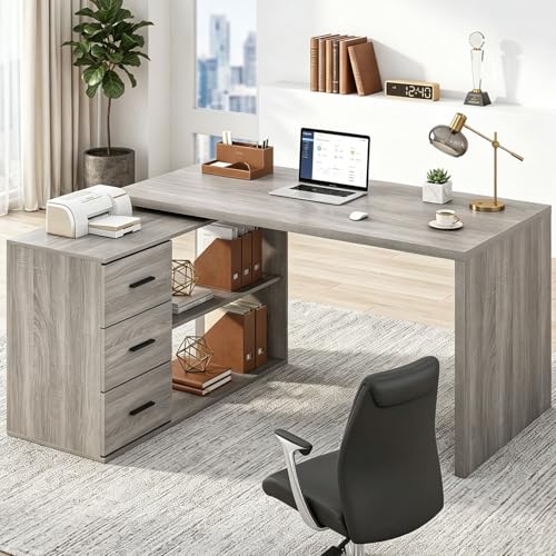 HSH Grey L Shaped Computer Corner Desk with 3 Storage Drawers 55 inch - color: Light Grey Oak, size: 55 Inch