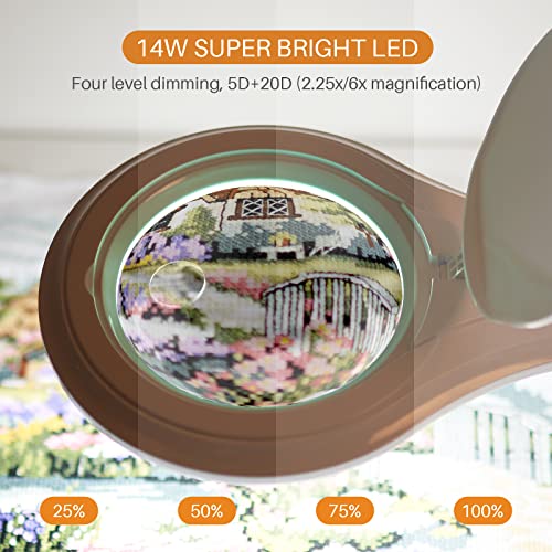 Bifocal LED Magnifying Lamp with Clamp, 14W 1200LM, White | 5-inch bifocal glass lens with 60 SMD LEDs provides 2.25X & 6X magnification and 4 brightness levels - color: White