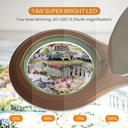 Bifocal LED Magnifying Lamp with Clamp, 14W 1200LM, White | 5-inch bifocal glass lens with 60 SMD LEDs provides 2.25X & 6X magnification and 4 brightness levels - color: White