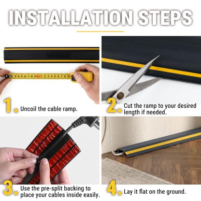 3-Channel 20ft Floor Cord Cover with Anti-Slip Base & Yellow Warning Strips - size: 20 FT Upgrade