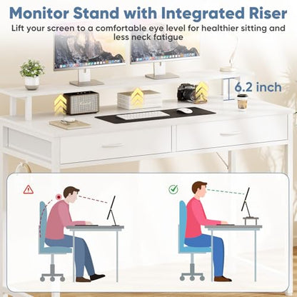 DUMOS 39.4" x 19.7" Compact Computer Desk with Monitor Stand and 2 Drawers, Small Writing Desk with Drawers for Home Office, Study Table for Small Spaces, White