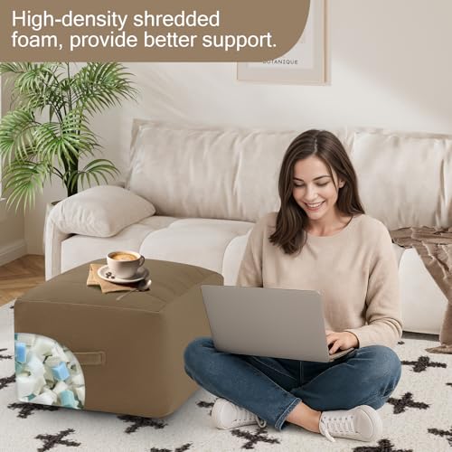 MeMoreCool Square Stuffed Pouf Ottoman Foot Rest, Floor Pouf Foot Stool with Foam Chunk Filling, Soft Stuffed Ottoman Footrest for Living Room, Light Coffee - color: Striped Light Coffee