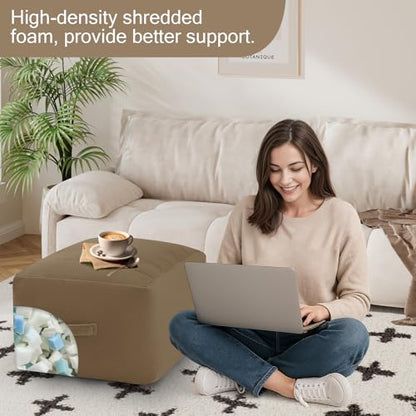 MeMoreCool Square Stuffed Pouf Ottoman Foot Rest, Floor Pouf Foot Stool with Foam Chunk Filling, Soft Stuffed Ottoman Footrest for Living Room, Light Coffee - color: Striped Light Coffee