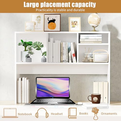 AQQHSAIN Desktop Bookshelf Wooden Desktop Hutch Storage Organizer Multipurpose Tabletop Display Rack with 4 Shelves for Computer Desk Hutch for College Dorm Office Home (White)