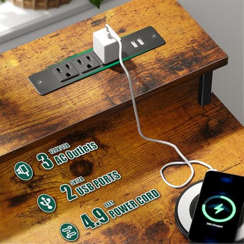 Korfile 47 Inch Computer Desk with Power Outlets,LED,5 Drawers,Rustic Brown - color: Rustic Brown, size: 47 Inch