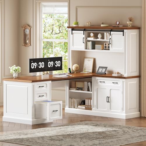 SEDETA 67" Farmhouse Executive L Shaped Desk with Hutch & Storage - color: White+brown, size: 67" L Shaped Desk with Hutch