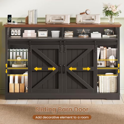SEDETA 47.2" File Cabinet, 2 Drawers Filing Cabinets for Home Office fit Legal/Letter/A4 File, Farmhouse File Cabinet with Barn Door & Power Outlets, Printer Stand with Storage & LED Lights, Black - color: Black