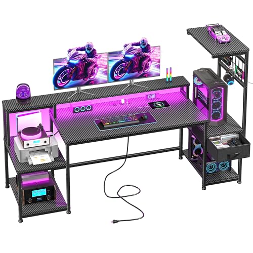 DurayLoly 63" Gaming Desk with RGB LED,Headphone Hook Shelves for Bedroom - color: Black, size: 19.6"Dx63"Wx51"H