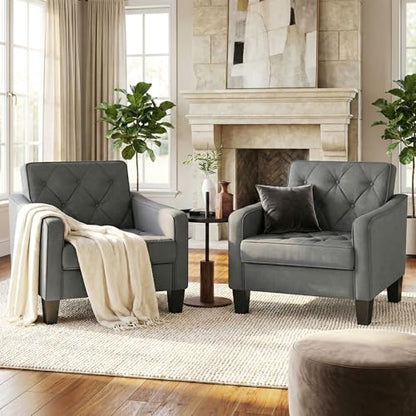 Grey Accent Chairs Set of 2, Wide Comfy Arm Chairs for Living Room, Office | STHOUYN Tufted Club Chair, Reading Chairs for Bedroom, Waiting Area Seating, Small Space Office Chairs, Supportive Wide Seat - color: Grey
