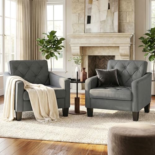 Grey Accent Chairs Set of 2, Wide Comfy Arm Chairs for Living Room, Office | STHOUYN Tufted Club Chair, Reading Chairs for Bedroom, Waiting Area Seating, Small Space Office Chairs, Supportive Wide Seat - color: Grey