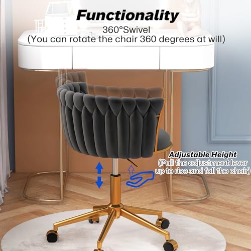 HENGJIANYI Velvet Woven Home Swivel Vanity Desk Chair with Gold Base, Black | Modern Height Adjustable Office Chair with Metal Base and Hand Weaving Back Wheels for Bedroom Study Small Space girl women - color: Black