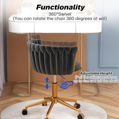 HENGJIANYI Velvet Woven Home Swivel Vanity Desk Chair with Gold Base, Black | Modern Height Adjustable Office Chair with Metal Base and Hand Weaving Back Wheels for Bedroom Study Small Space girl women - color: Black