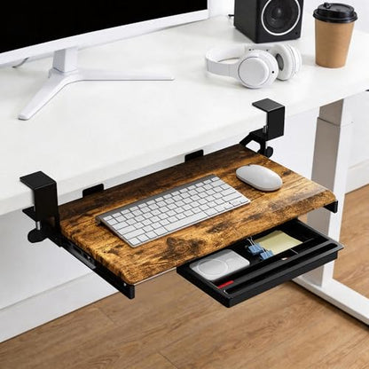 ETHU Keyboard Tray Under Desk, 19.7" X 12.2" Small Size C Clamp Keyboard Drawer Under Desk, Computer Keyboard Stand Slide Pull Out, Ergonomic Keyboard Tray for Home, Office (Wood) | Slide Out Ergonomic Keyboard Drawer, Pull Out Keyboard Tray for Home Offi
