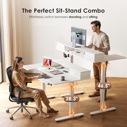 55 Inch U Shape Standing Desk with Keyboard Tray & Drawers, White | Power Outlet, Dual-Monitor Stand, LED Light, 3 Presets, 28.3"-46.5"in Range, 154 lb Capacity - color: White With Drawers, size: 55 Inch