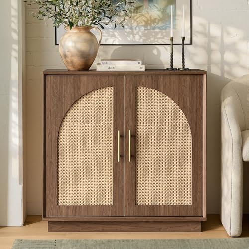 FORTUNETEC 31.7" Sideboard Buffet Cabinet with Storage, Natural Walnut | Accent Cabinet with Arched Doors, Boho Modular Media Console, Credenza for Living Room Kitchen Dining Room Entryway - color: Natural Walnut, size: 1