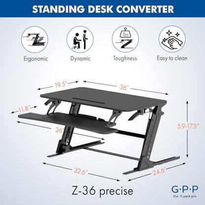 Standing Desk Converter: Adjustable up to 19.3" for Dual Monitors. Ergonomic Black Riser Promotes Healthy Workstation
