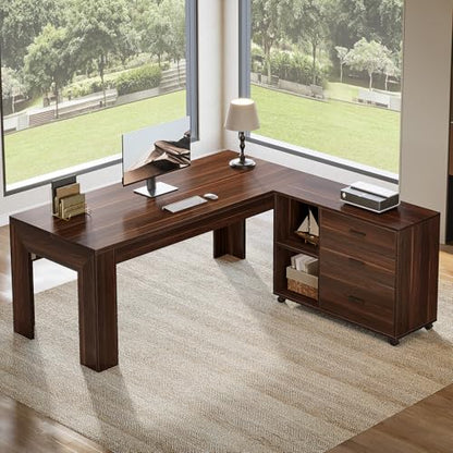 Tribesigns 63" L Shaped Desk with Storage, Executive Office Desk with Mobile Lateral File Cabinet Combo, Large Computer Table with Drawers and Shelves, Business Furniture Set for Home Office, Walnut - color: Walnut