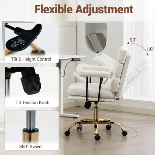 Leather Office Chair with Wheels,Ergonomic Swivel Rolling Task Chair,Padded Seat and Armrests,Adjustable Height Home Desk Chair,Executive Computer Chair, Gold Base Makeup Vanity Chair,White - color: White