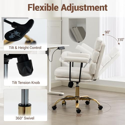 Leather Office Chair with Wheels,Ergonomic Swivel Rolling Task Chair,Padded Seat and Armrests,Adjustable Height Home Desk Chair,Executive Computer Chair, Gold Base Makeup Vanity Chair,White - color: White