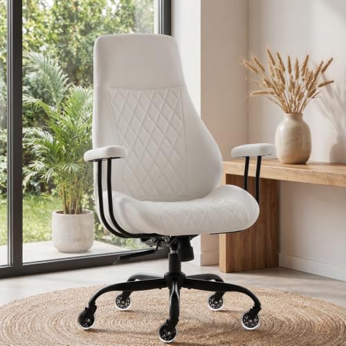 E-Motie Leather Office Chair, Mid Century Modern Desk Chair, White - color: White
