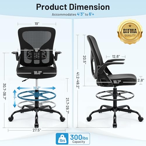 Drafting Chair for Standing Desk, Tall Office Chair with 22"-30" Seat Height &7" Lift Footrest Ring, Ergonomic Executive Mesh Computer Counter Stool with Lumbar Support &Flip-up Arms for Artist - color: Black