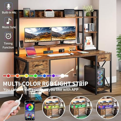 DWVO 59.1" Computer Desk with Hutch, Drawers, Power & LED, Rustic Brown - color: Rustic Brown