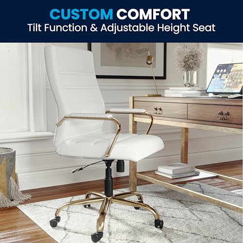 Flash Furniture High Back White LeatherSoft Executive Swivel Office Chair with Gold Frame and Arms - color: White Leathersoft/Gold Frame