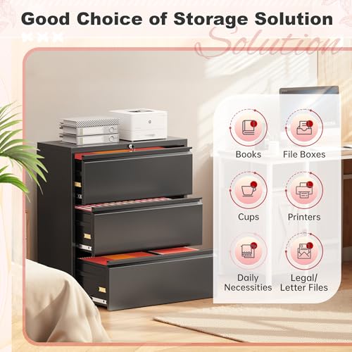 Superday Lateral File Cabinet 3 Drawer Metal File Cabinet with Lock, Black Filing Cabinets for Home Office, Locking Filing Cabinets Hanging Files Letter/Legal/F4/A4 - color: Black, style: 3 drawer-wide
