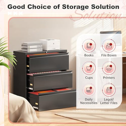 Superday Lateral File Cabinet 3 Drawer Metal File Cabinet with Lock, Black Filing Cabinets for Home Office, Locking Filing Cabinets Hanging Files Letter/Legal/F4/A4 - color: Black, style: 3 drawer-wide