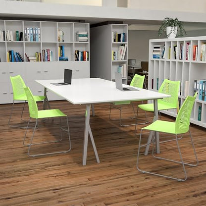 Flash Furniture Hercules Series Contoured Lobby Chairs with Air-Vent Honeycomb Backs, Ergonomic Stacking Chairs for Offices, Set of 5, Green | Sled Base, Powder Coated, 661 LBS. Weight Capacity - color: Green, size: Set of 5