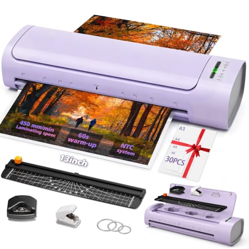 13 Inch Laminator Machine, 11x17 Hot & Cold Thermal Laminator, A3 11-in-1 Laminating Machine with 30 Sheets, 60s Warm-Up, Never-Jam Design Lamination for Teachers, Home, School & Office -Purple - color: Purple
