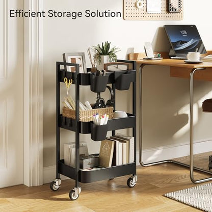 Nunsino 3 Tier Rolling Cart,Utility Cart with Locking Wheels, Hanging Cups & Hooks, Heavy Duty Metal Storage Organizer Cart for Kitchen,Office, Bathroom,Craft Room,Black - color: Black