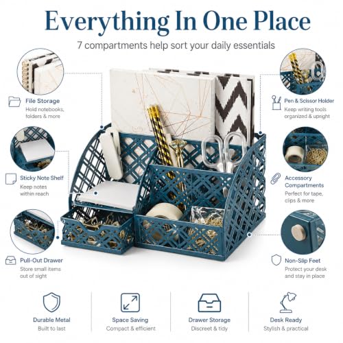 Exerz Desk Organizer Metal Mesh Caddy 7 Compartments Drawer Aegean Blue - color: F7 Aegean Blue