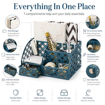 Exerz Desk Organizer Metal Mesh Caddy 7 Compartments Drawer Aegean Blue - color: F7 Aegean Blue