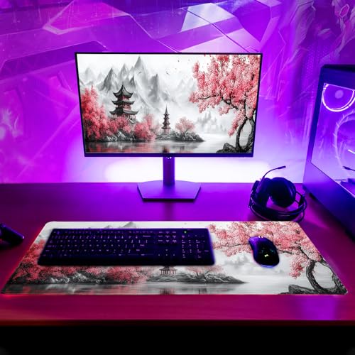 Retro Cherry Blossoms Mouse Pad 31.5x11.8 Inch White Full Desk Japanese Mousepad Extended Large Non-Slip Rubber Base Waterproof Big Keyboard Mat with Stitched Edges for Gaming and Office - color: Retro Cherry Blossoms