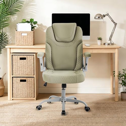 SEATZONE Green Office Chair Ergonomic Desk Chair with Lumbar Support, Flip-Up Arms, Adjustable Swivel Computer Chair with Wheels, PU Leather Executive Task Chair for Home Office Small Space - color: Green