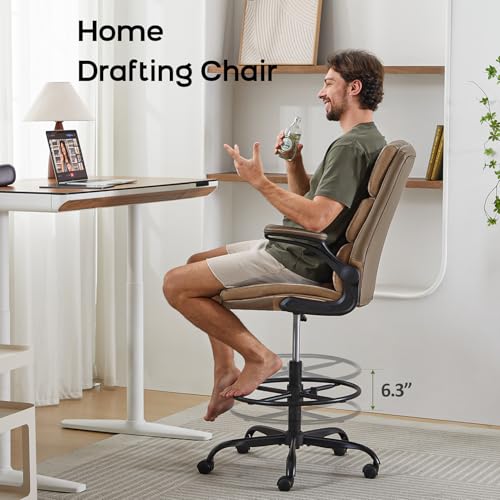amseatec Drafting Chair, Tall Office Chair with Footrest for Standing Desk | 3-zone backrest and dual-layer cushion add comfort; 90° flip-up armrests plus adjustable foot ring fit counter-height tables - color: Tan