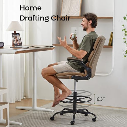 amseatec Drafting Chair, Tall Office Chair with Footrest for Standing Desk | 3-zone backrest and dual-layer cushion add comfort; 90° flip-up armrests plus adjustable foot ring fit counter-height tables - color: Tan