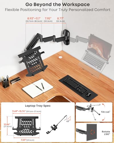 Long Arm 2-in-1 Laptop Wall Mount with Detachable Tray for 12-17'' Laptops | 30.28'' Extra Long Gas Spring Arm, Also fits 13-32'' Monitors, Stability, Easy to Install, Max holds 19.8lbs, Black