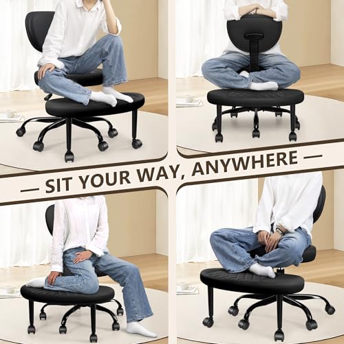 AtHope Ergonomic Cross Legged Office Chair with Wheels - Adjustable Height for Meditation, ADHD Desk & Yoga - Wide Criss Cross Design with Lumbar Support, Kneeling Chair - Black - color: Black