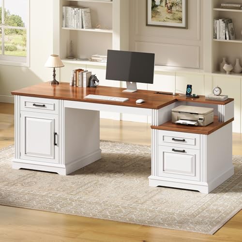 SEDETA Farmhouse Executive Desk, 62'' Home Office Desk with File Drawers, 3Drawer and Storage Cabinet, Computer Desk with Power Outlet for Home Office, Work Study Writing, White + Walnut - color: White + Walnut
