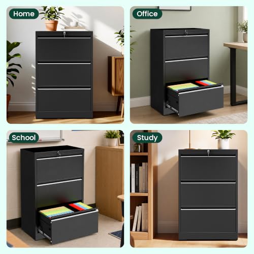 3 Drawer Lateral File Cabinet with Lock, File Cabinet for Home Office,Black | Heavy-Duty Steel Locking File Cabinet, Hanging Letter/Legal/A4 Size, Full-Extension Silent Drawer, Un-Assembly - color: Black, size: 3 Drawers