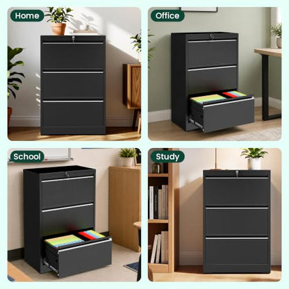 3 Drawer Lateral File Cabinet with Lock, File Cabinet for Home Office,Black | Heavy-Duty Steel Locking File Cabinet, Hanging Letter/Legal/A4 Size, Full-Extension Silent Drawer, Un-Assembly - color: Black, size: 3 Drawers