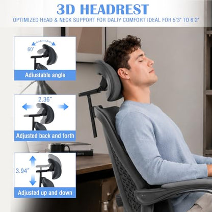 Ergonomic Office Desk Chair with Footrest - Adjustable Lumbar Support & 3D Headrest, 90-160° Reclining Mesh High-Back Rolling Work Swivel Computer Chair - Home Office/Gaming, 400lbs Capacity