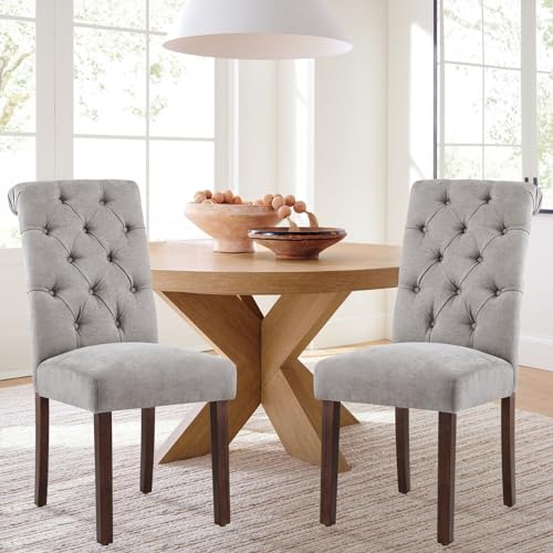 COLAMY Button Tufted Dining Chairs Set of 4, Parsons Upholstered Fabric Dining Room Chairs Kitchen Chairs with Wood Legs and Padded Seat, Light Grey - color: Light Grey, size: set of 4